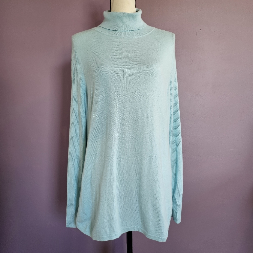 Talbots Outlet Light Blue Knit Ribbed Sleeve Turtleneck Lagenlook Tunic Sweater